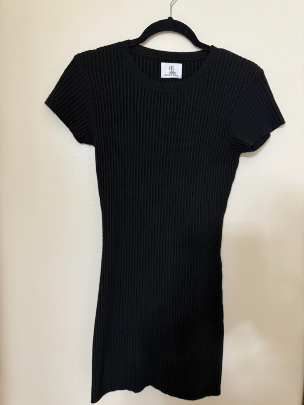 Anine Bing Black Ribbed Knit Short Sleeve Dress